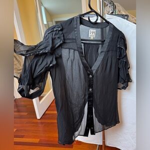 Haute Hippie Sheer Black Ruched Sleeve Drape Blouse XS
